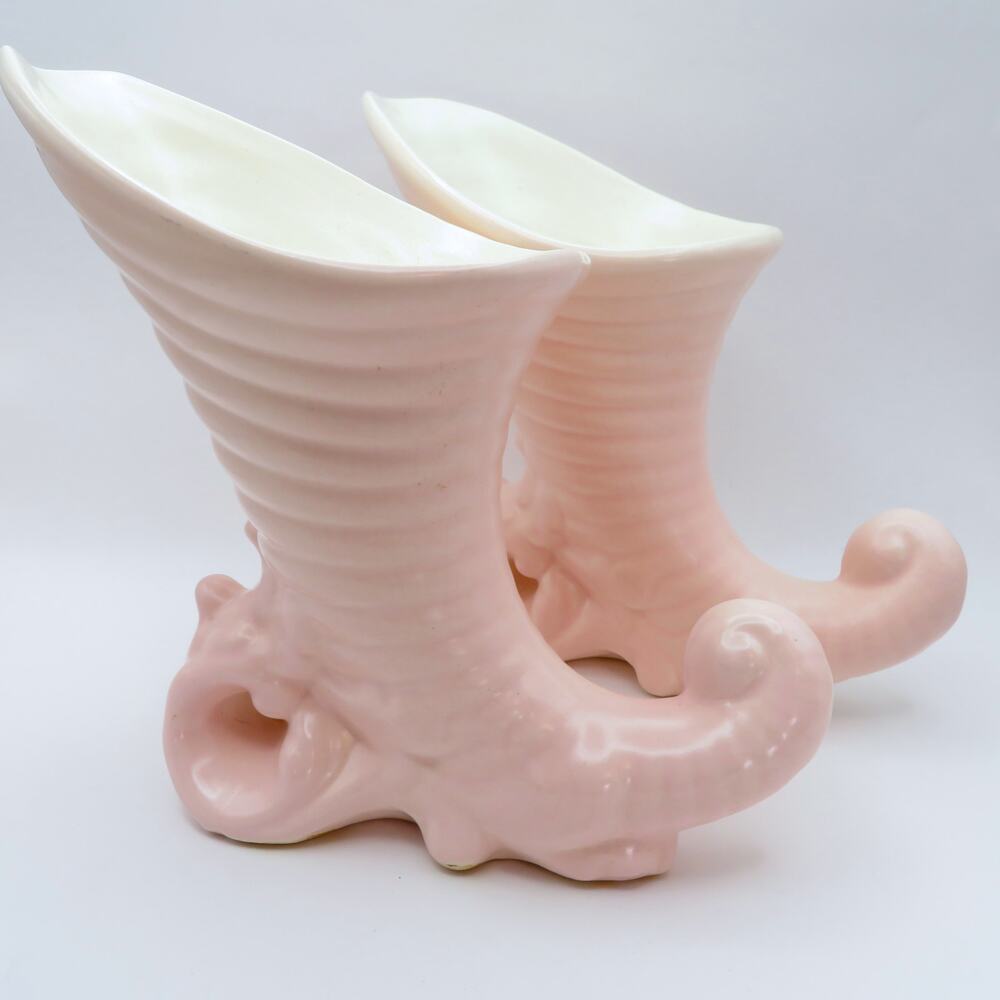 Vintage Pink Cornucopia Vase Pair, Horn of Plenty Art Pottery Mantel Vases
